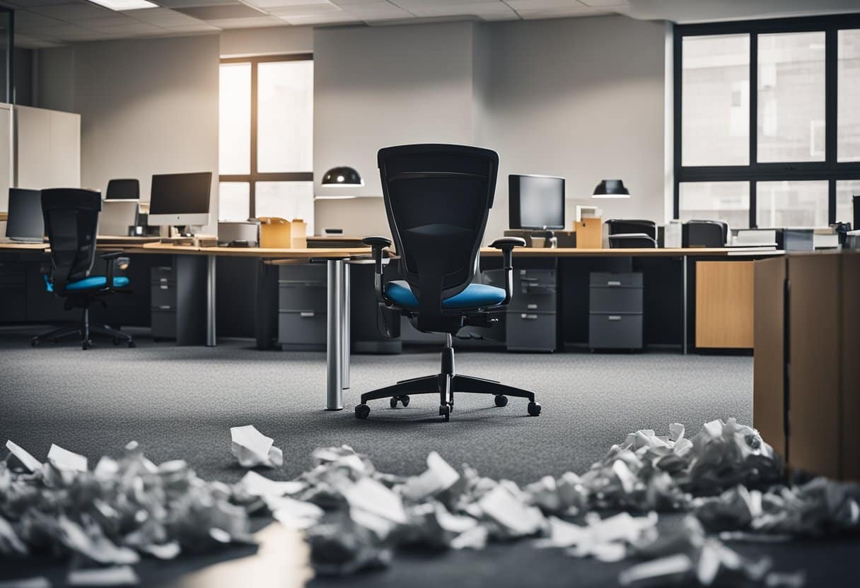 An office space with desks, chairs, and trash bins. Dust and debris are visible on surfaces. A calendar on the wall indicates the last cleaning date