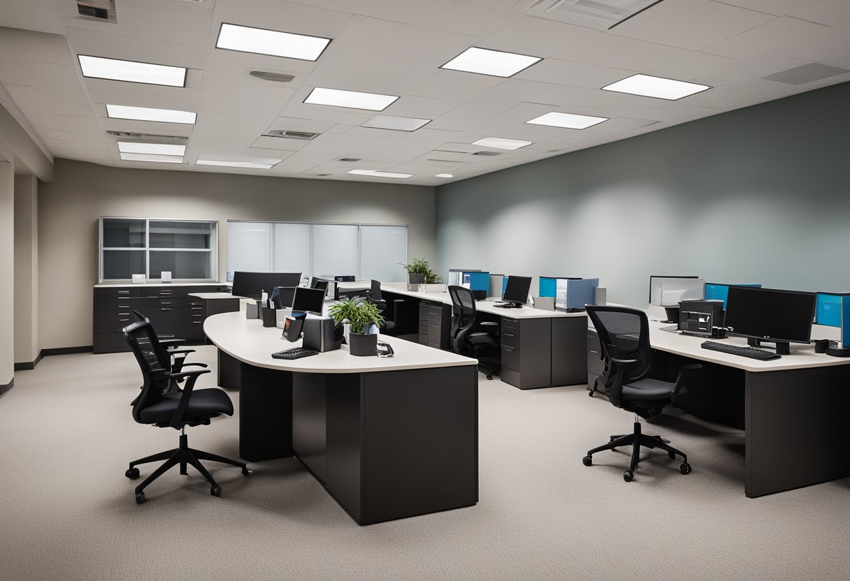 An office space with desks, chairs, and computers, showing signs of regular cleaning and maintenance. Trash bins are empty, floors are vacuumed, and surfaces are wiped down
