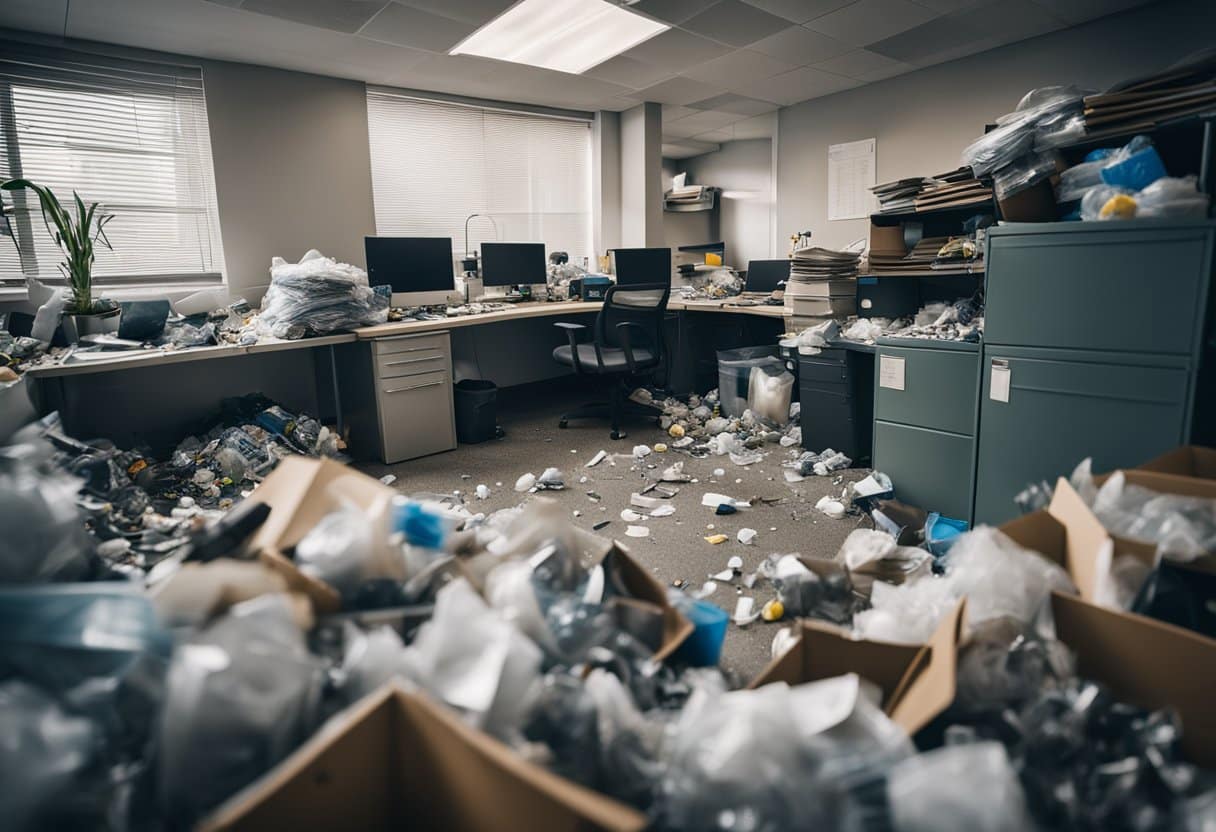 A cluttered office space with dusty surfaces and overflowing trash bins, in need of a thorough deep cleaning