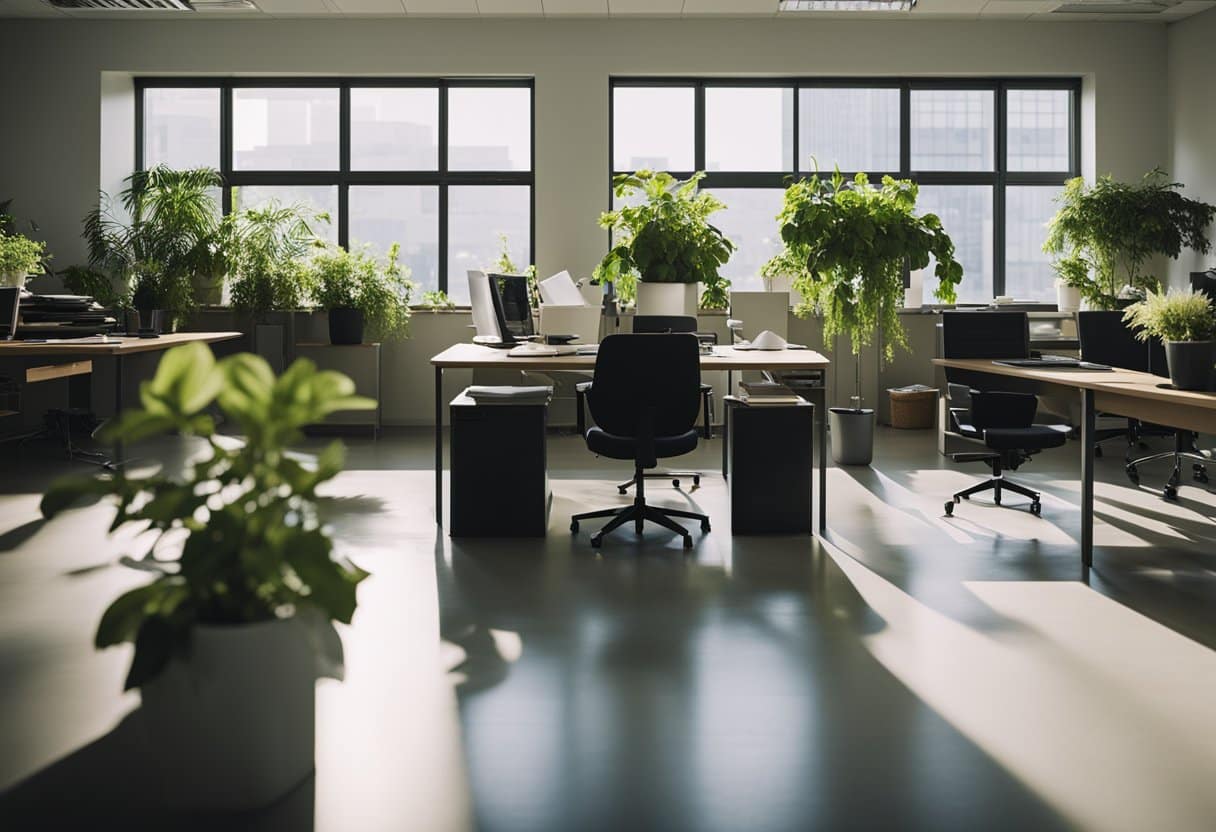Desk cleared, papers stacked, trash emptied. Chairs pushed in, floors swept. Plants watered, windows wiped. Office ready for cleaner