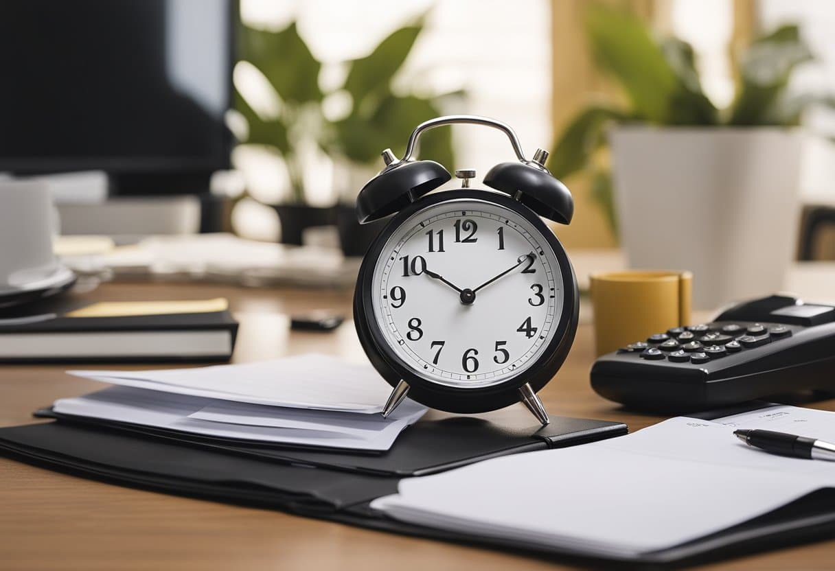 Desk cleared, papers filed. Clock shows 4:55 PM. Phone reminder set for cleaner's arrival at 5 PM. Calendar marked for weekly tidy-up