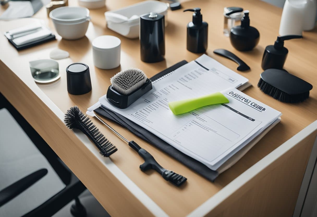 Cleaning supplies neatly arranged on a desk, with a checklist of safety tips and instructions for tidying up before the office cleaner arrives