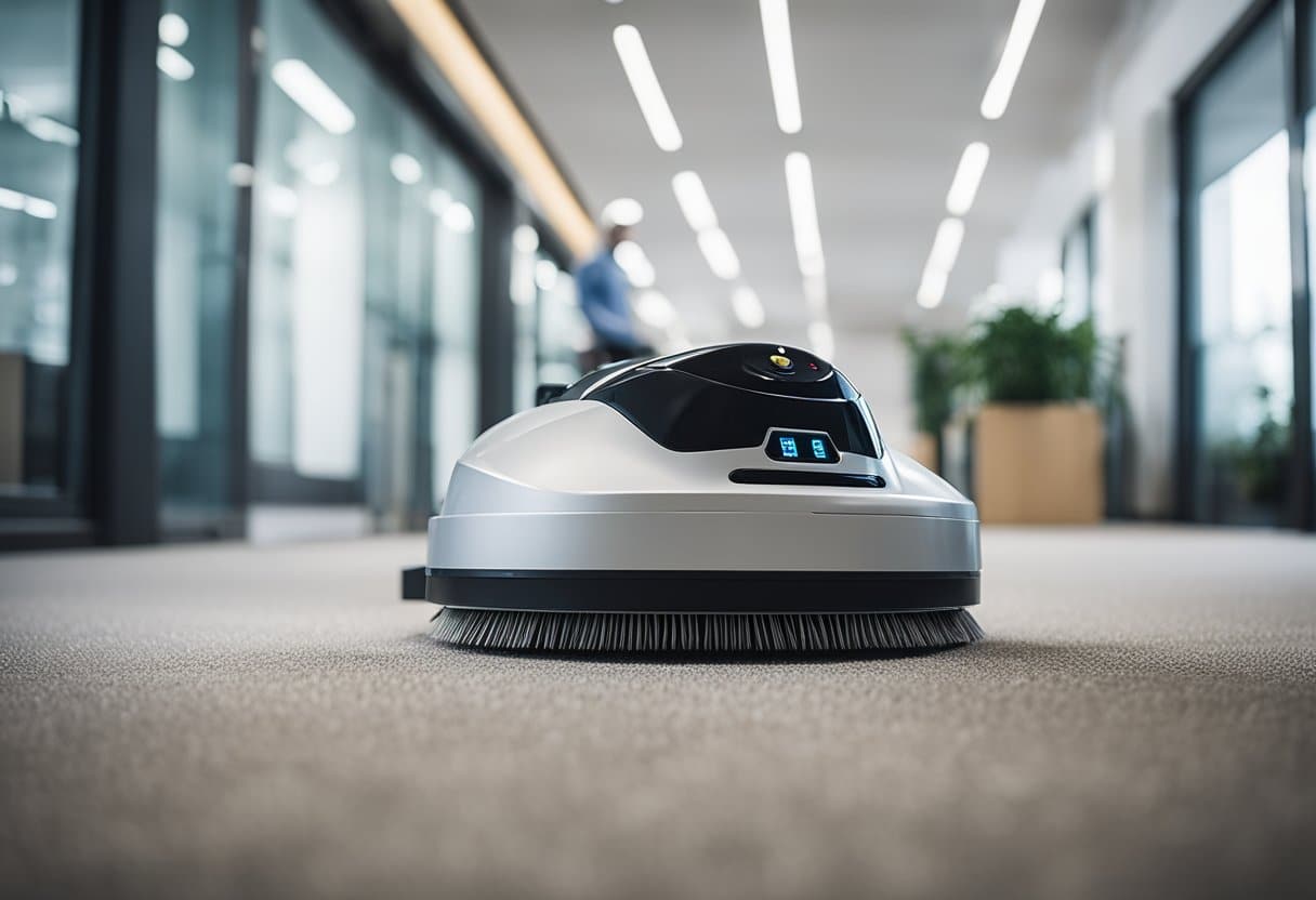 An office robot carpet cleaner struggles to reach corners and tight spaces, but efficiently covers large areas