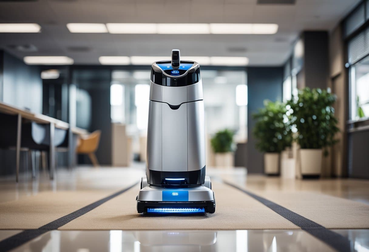 An office robot carpet cleaner efficiently removes dirt and debris, but may struggle with corners and tight spaces