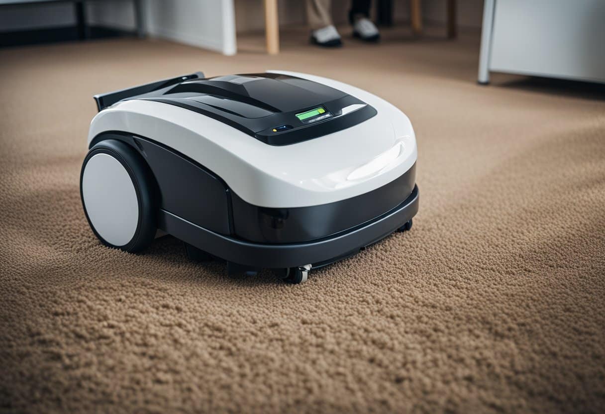 An office robot carpet cleaner efficiently removes debris, but may struggle with corners and tight spaces