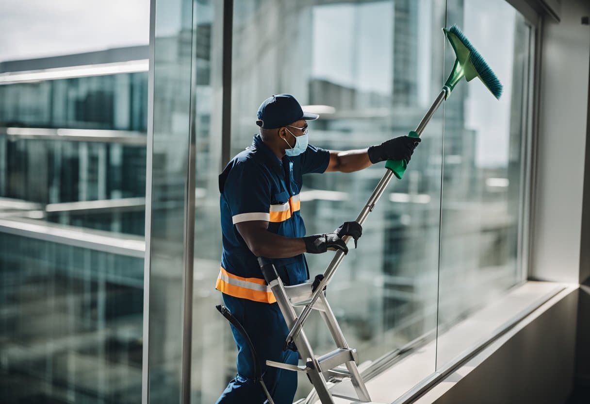 A professional window cleaner in uniform uses a squeegee and ladder to clean office windows, with streak-free results