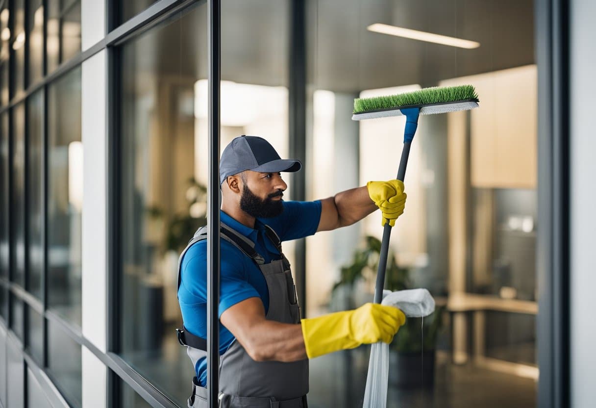 A professional window cleaner effortlessly removes streaks and grime from office windows, showcasing the benefits of hiring expertise over DIY cleaning
