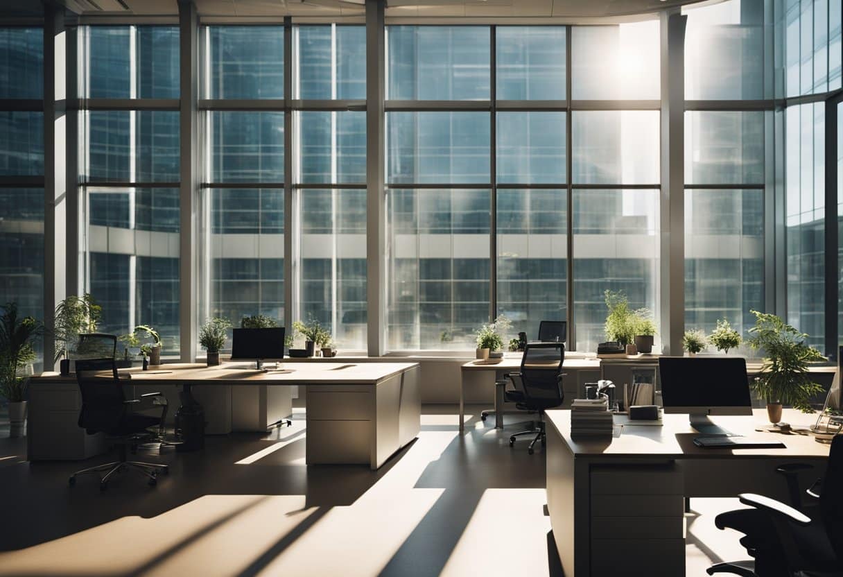 Sunlight streaming through sparkling clean office windows, showcasing a professional workspace