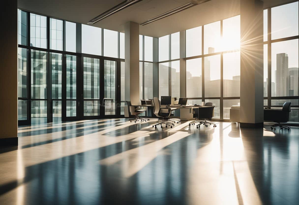 Sunlight streaming through sparkling clean office windows, highlighting the pristine workspace and creating a welcoming environment for employees and clients