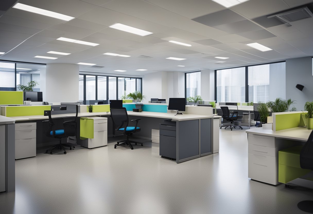 The office space is tidy, with a clean desk, organized shelves, and spotless floors, indicating that daily, weekly, and monthly cleaning tasks are being consistently carried out